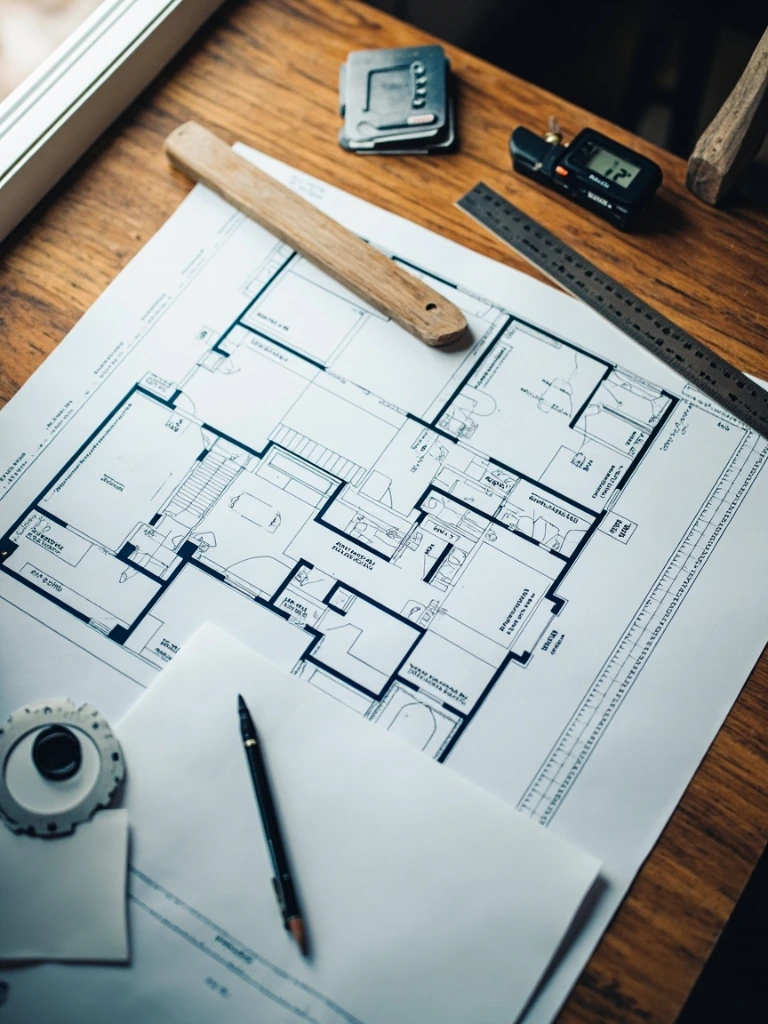 A drafting table with residential blueprints, ruler, and calipers.