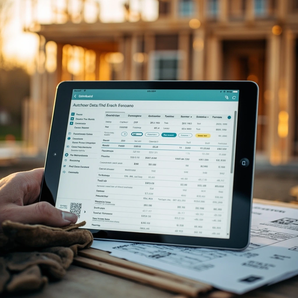 A tablet displaying a build cost estimate beside a clipboard on a job site.
